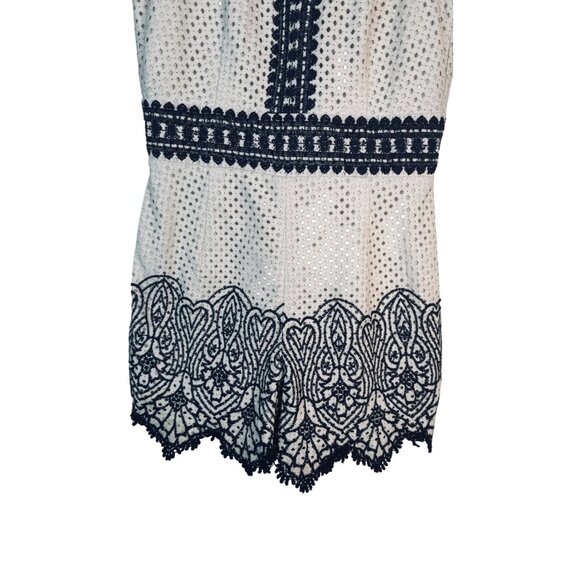 Saylor Ivory & Navy M Lace Embroidered Romper Open Back & Ribbon Tie Detail - Picture 11 of 15